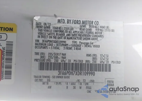 2013 Ford Fusion Se z USA, uszkodzony, nr VIN 3FA6P0H7XDR109990